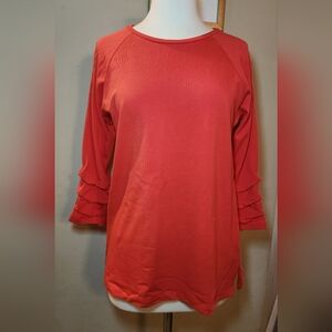 ELI Red Pima Cotton‎ Ruched Sleeve Tee Size Small *Halsbrook*